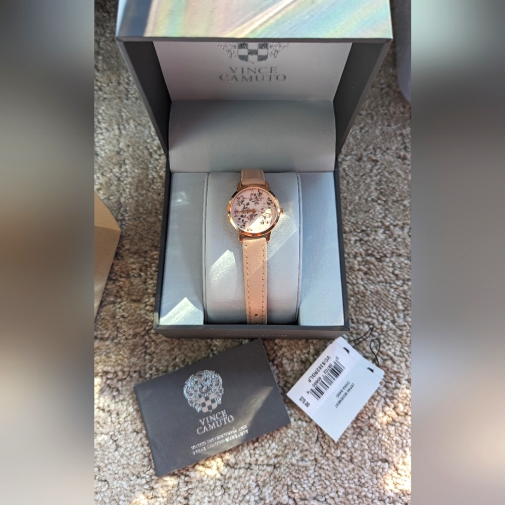 Vince Camuto Pink Floral Watch with Rose toned accents and leather strap